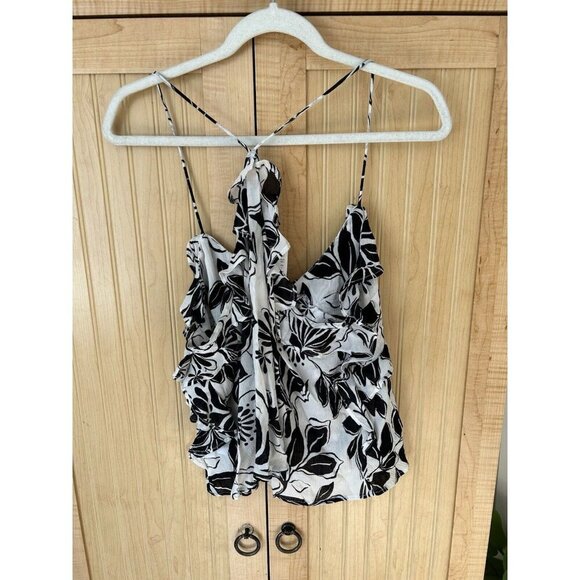 J Crew Drapey Ruffle Tank Top Black Floral White NWT Size Large - Picture 5 of 7